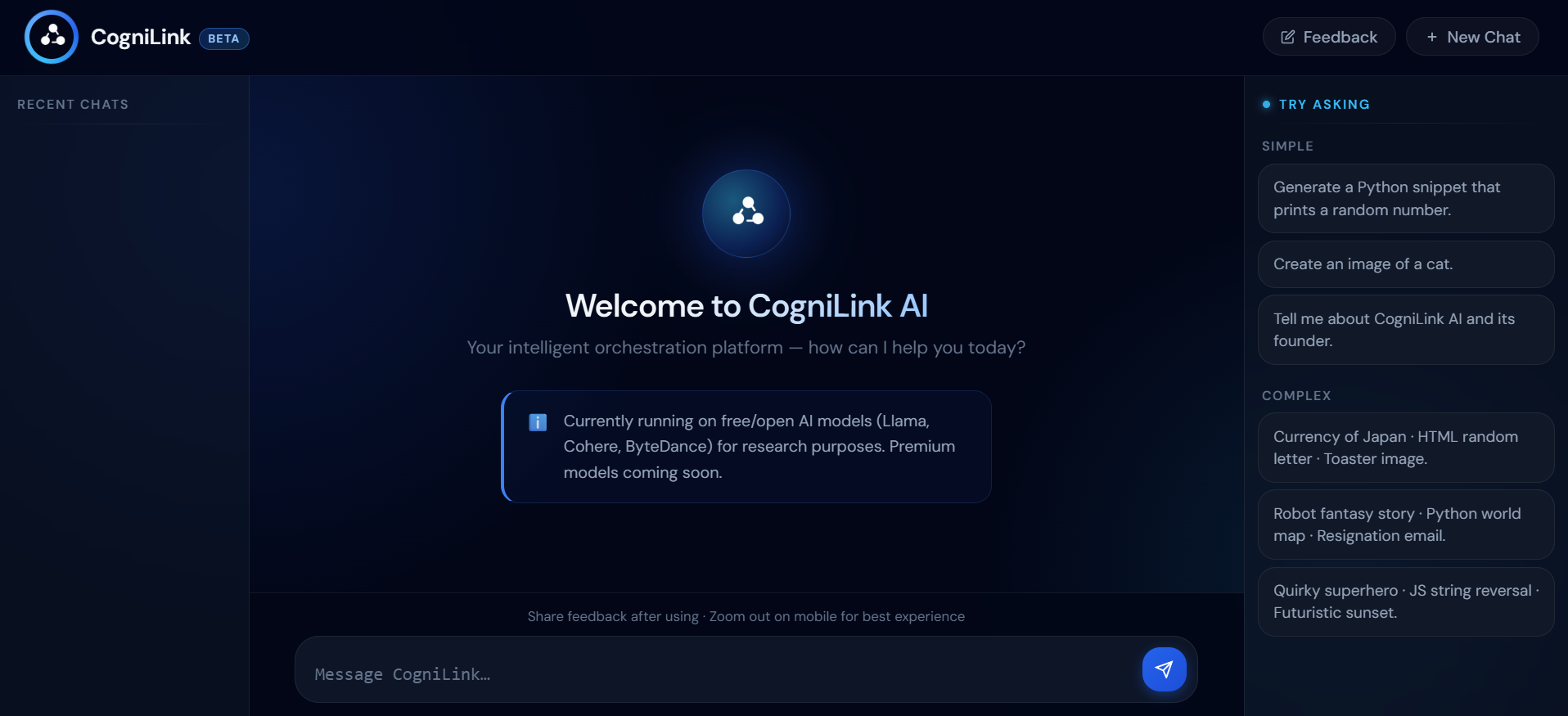 CogniLink AI Platform Dashboard — showing intelligent AI orchestration interface with multi-model routing